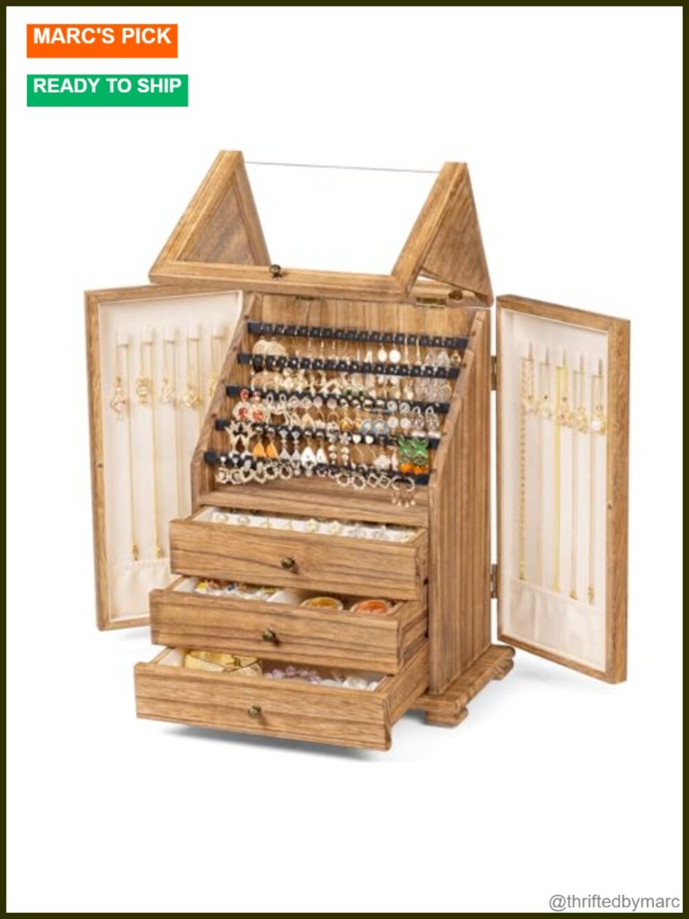 Wood Jewelry Box Organizer Earring Holder 96 Pairs Velvet Lined Display